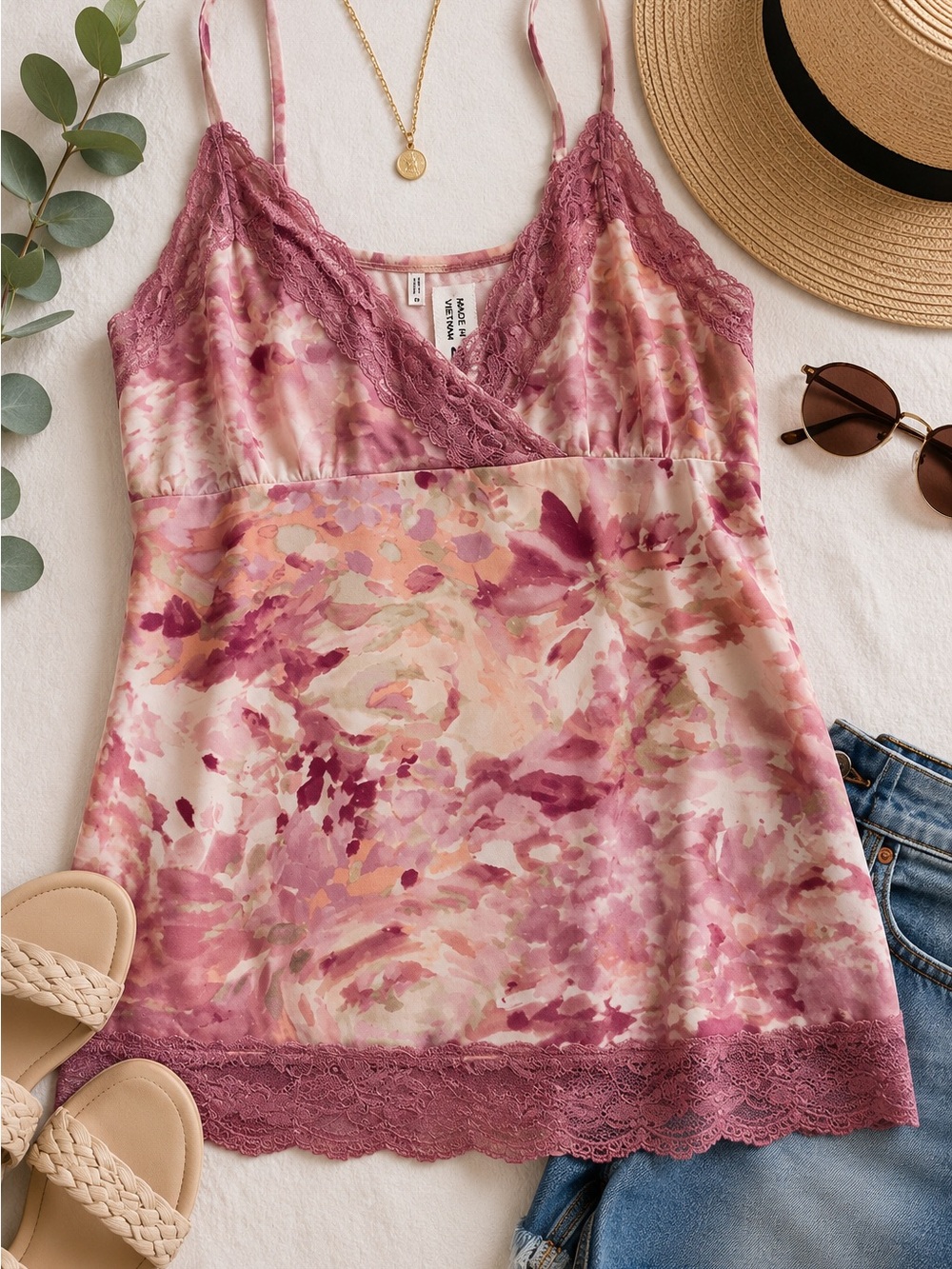 Studio Floral Lace Trim Cami Tank Top Mauve Pink Size Medium